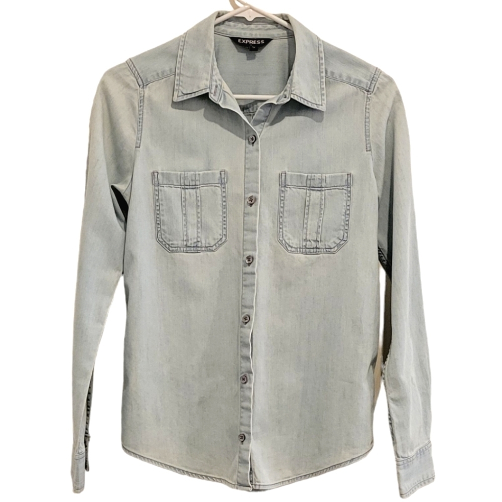 2/$18 Express Button Down Shirt Jean Denim Blue Long Sleeve Top Collar Cotton